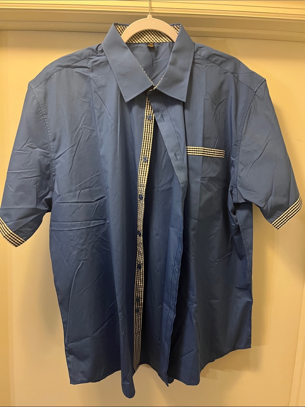 Men's Short-Sleeve Blue Dress Shirt with Contrast Trim